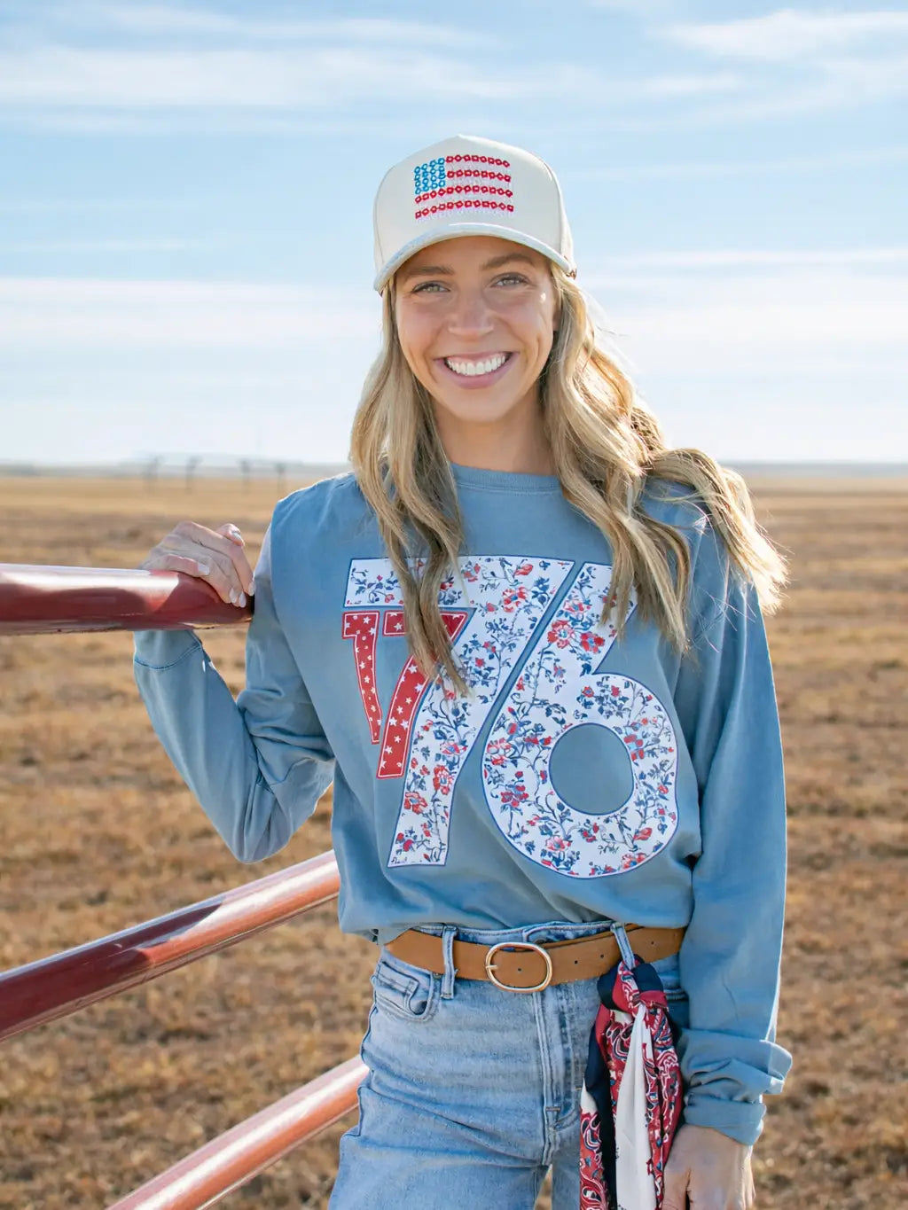 **PRE-ORDER** Western Patriotic Floral '1776' Blue Graphic Long Sleeve